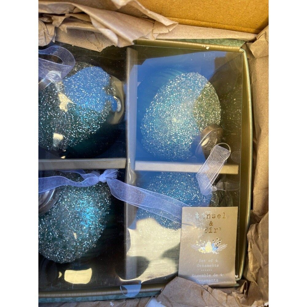 Tinsel and Fir Turquoise set 4 beaded shiny ornaments
